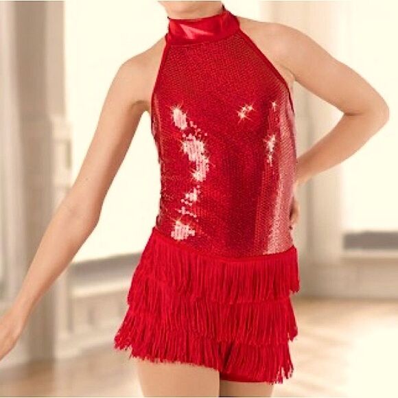 Weissman Dance dress red sequin fringe costume Queen Of The World 9034 MA - Picture 1 of 11